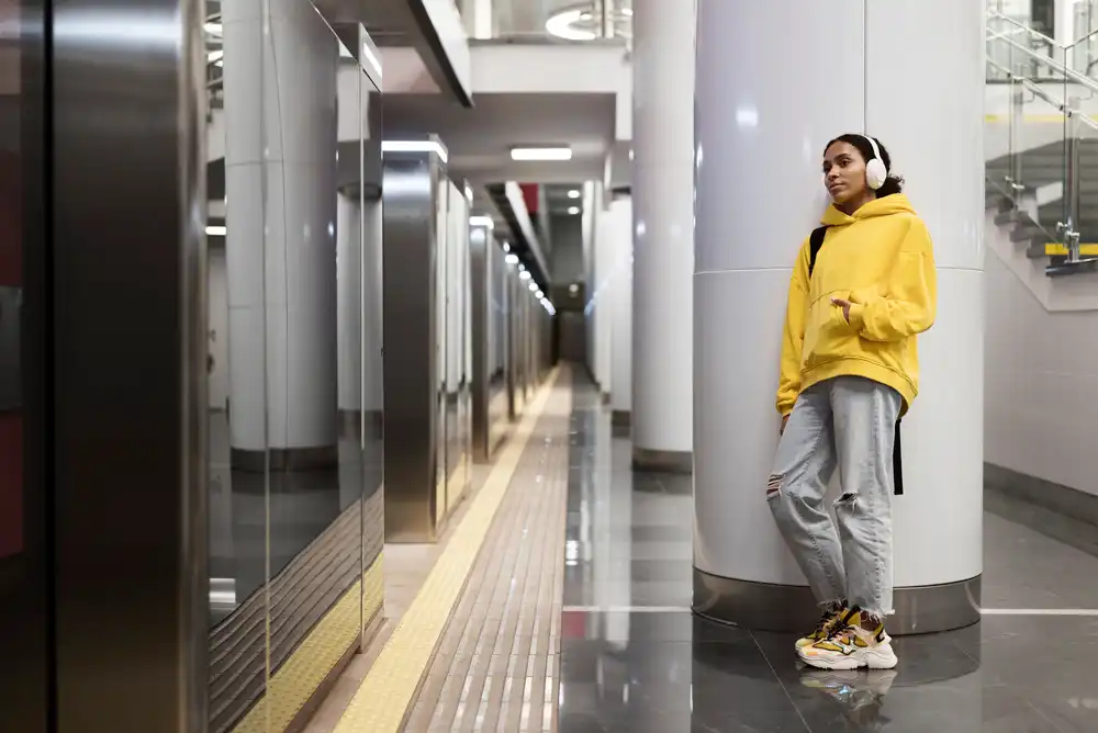 خانمی با پلیور زرد و شلوار طوسیروبروی درب آسانسور در حال گوش دادن به موزیک