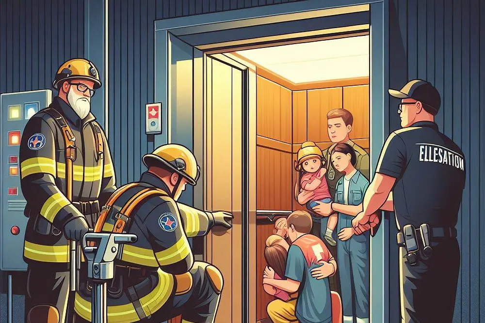 ماموران آتش نشانی جلوی درب یک آسانسور برای نجات اشخاص حاضر در آسانسور