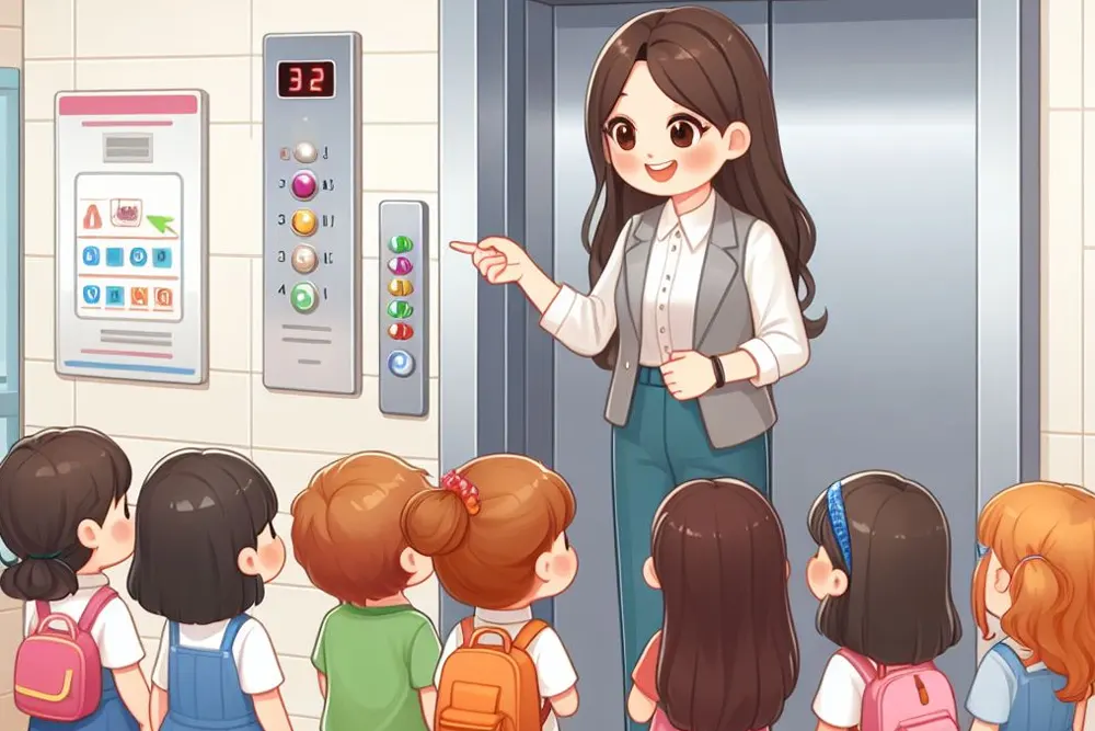 یک خانم در حال آموزش استفاده از دکمه های آسانسور به چند کودک